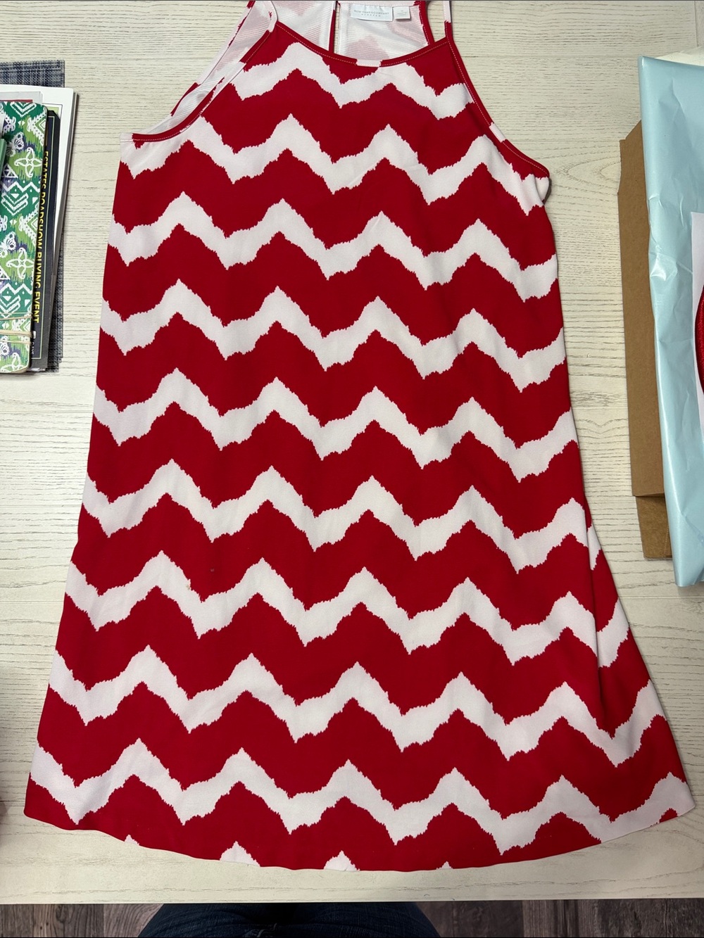 New York & Company Red and White Chevron Halter Dress